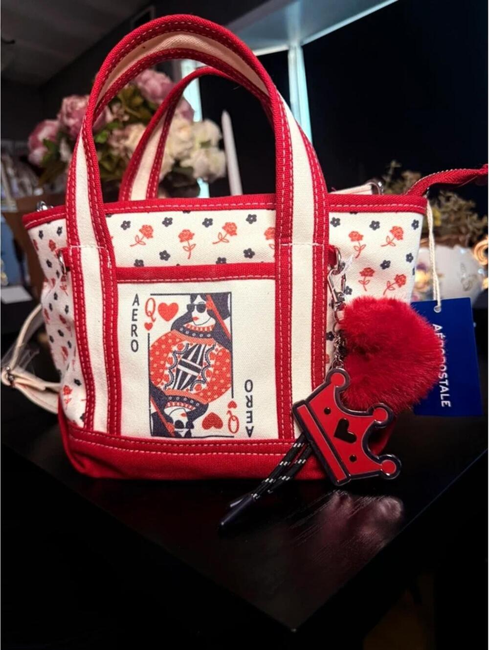 Aeropostale Queen of Hearts Mini Tote Canvas Bag Red Card Print Crossbody NWT